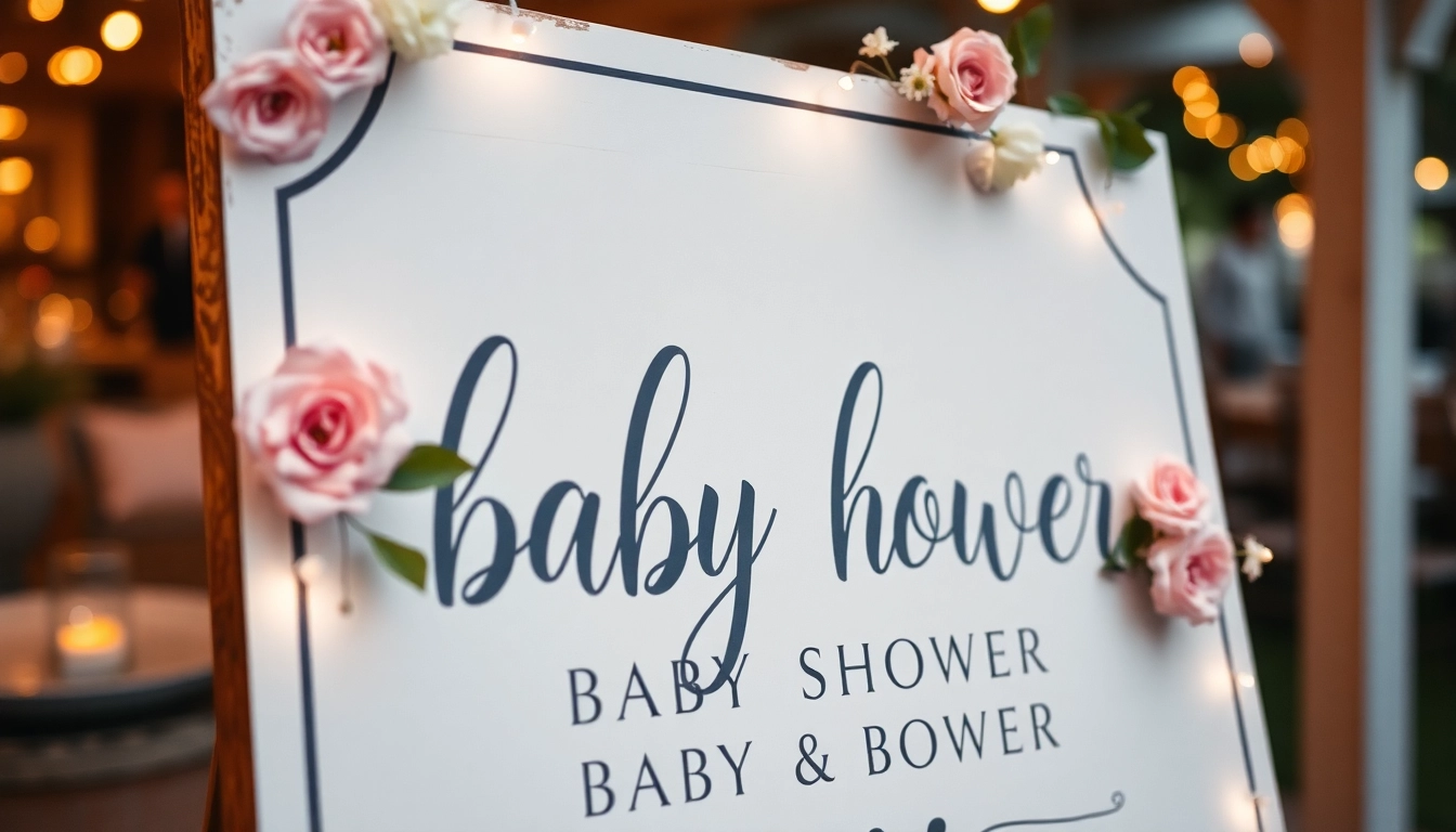 Bright baby shower welcome sign featuring personalized text with pastel floral accents, perfect for guest greetings.