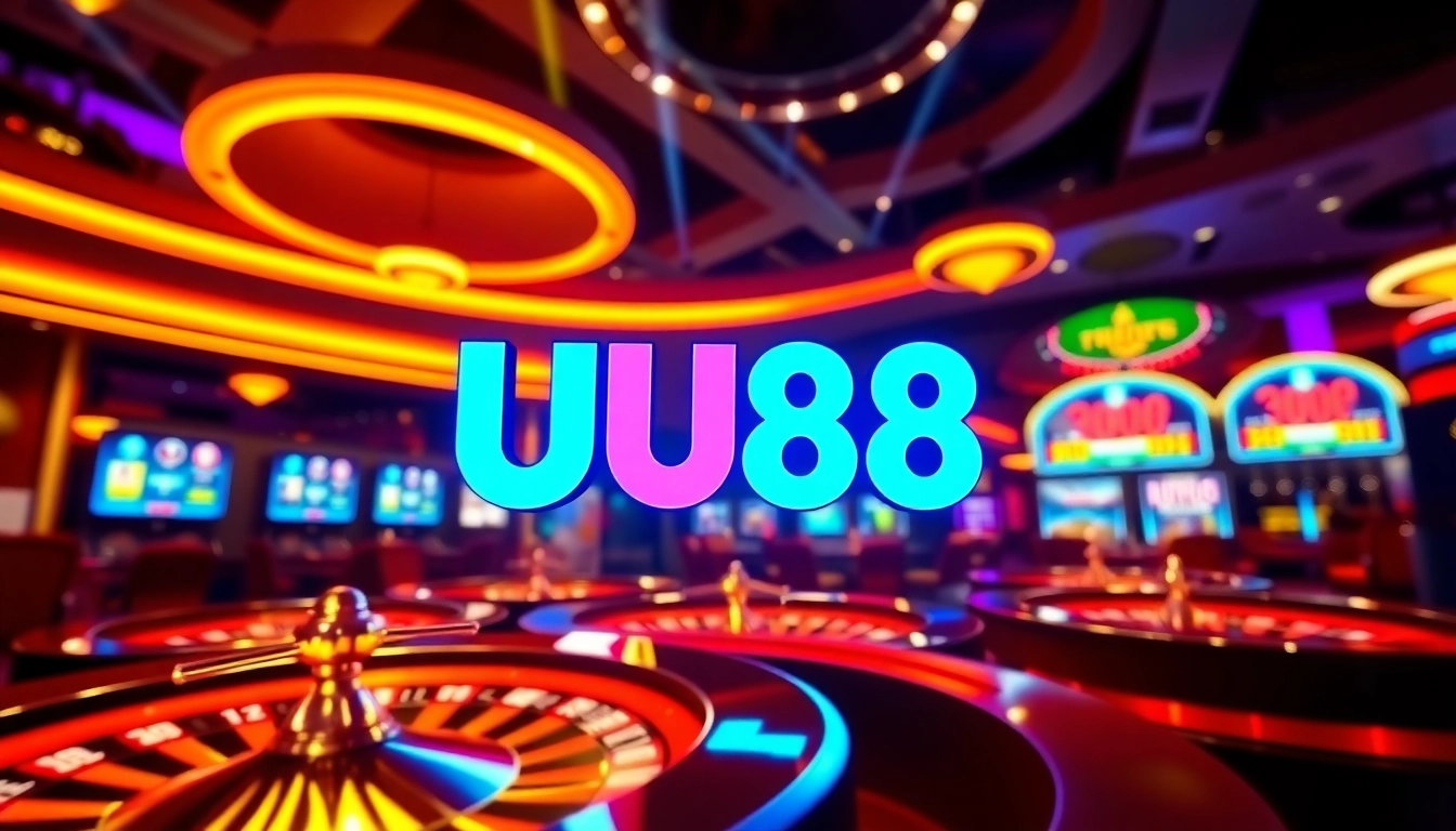 Official UU88 casino platform logo with vibrant colors and a lively gaming environment, inviting trust and thrill.