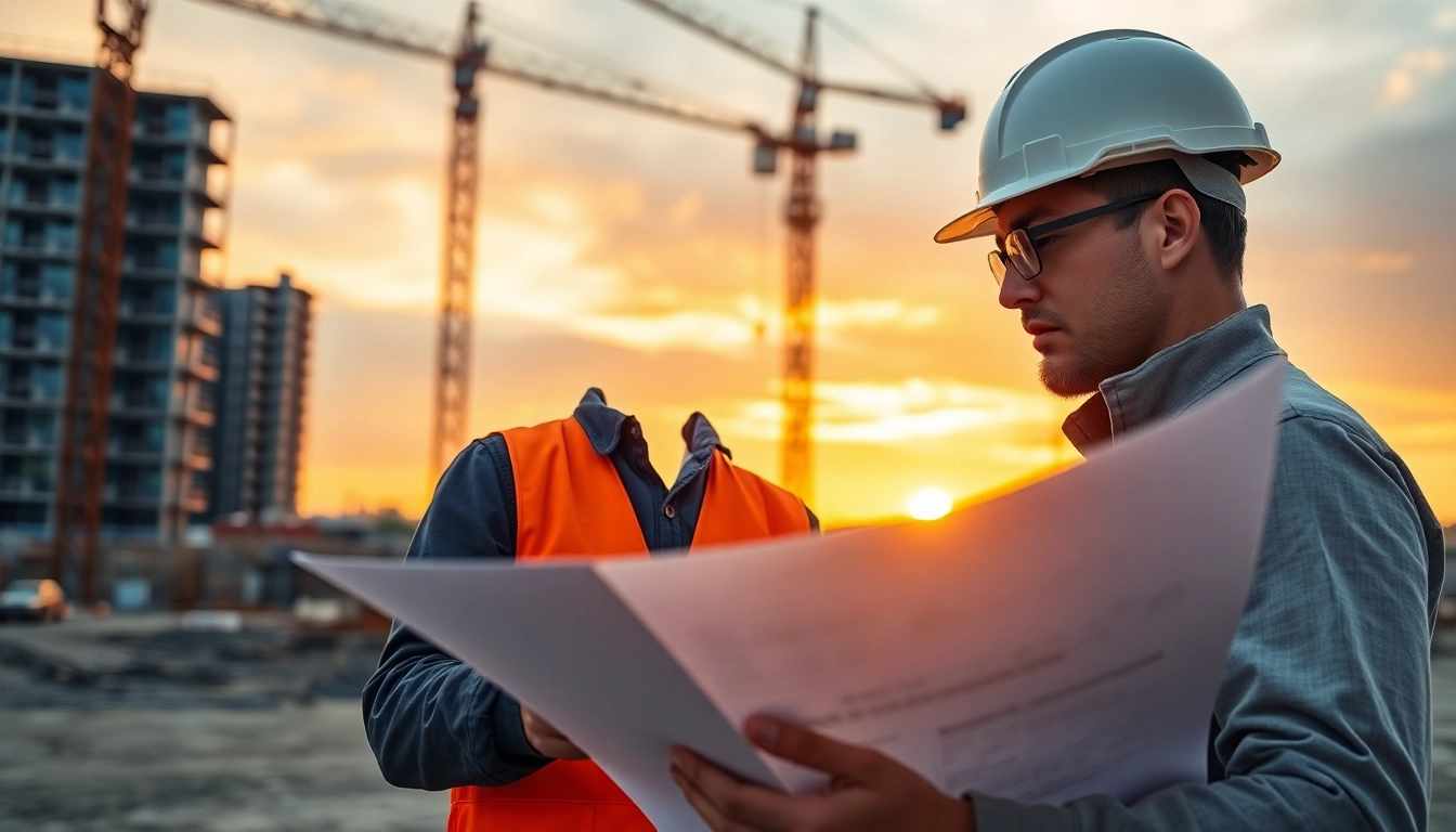 Experienced contractor inspecting plans at a construction site, showcasing expertise and project management skills.