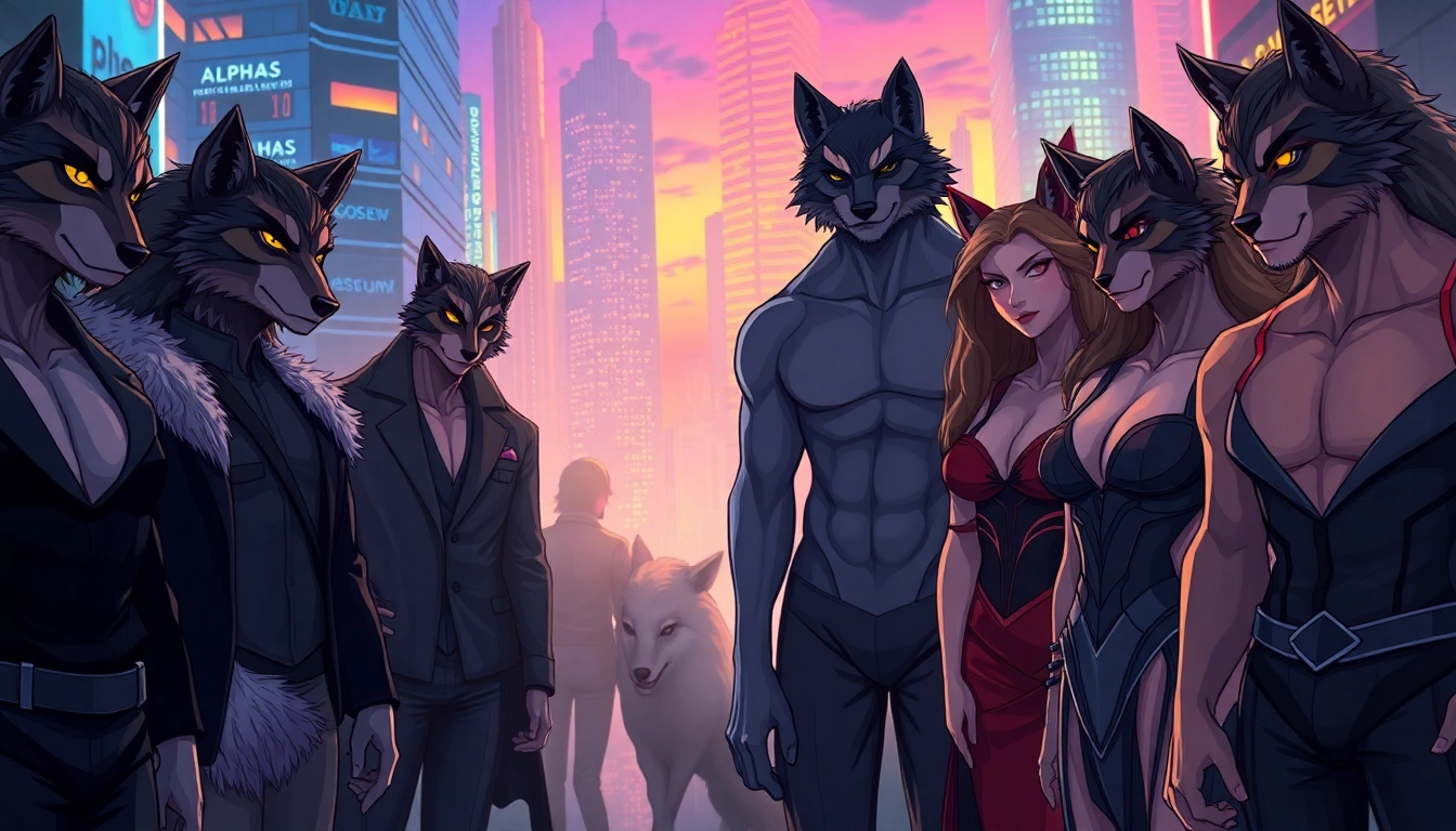 Illustration of humans with wolf-like features in a modern cityscape, depicting Omegaverse hierarchy and relationships at twilight.