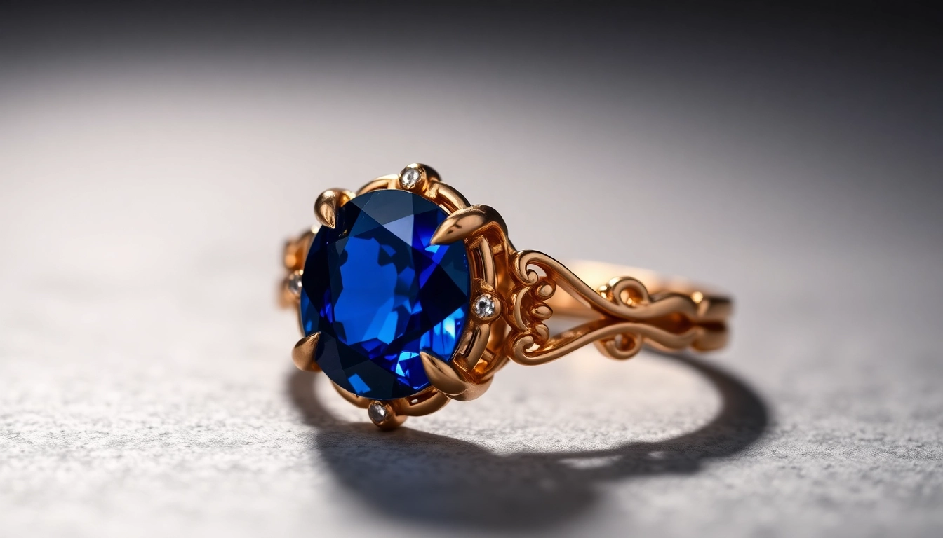Elegant engagement ring with sapphire centerpiece, detailed gold band, perfect for proposals and anniversaries.