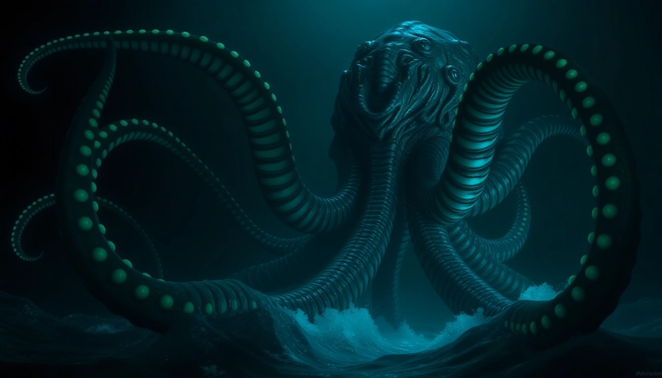 Kraken depicted as an ancient legendary monster rising from deep dark ocean trench with glowing