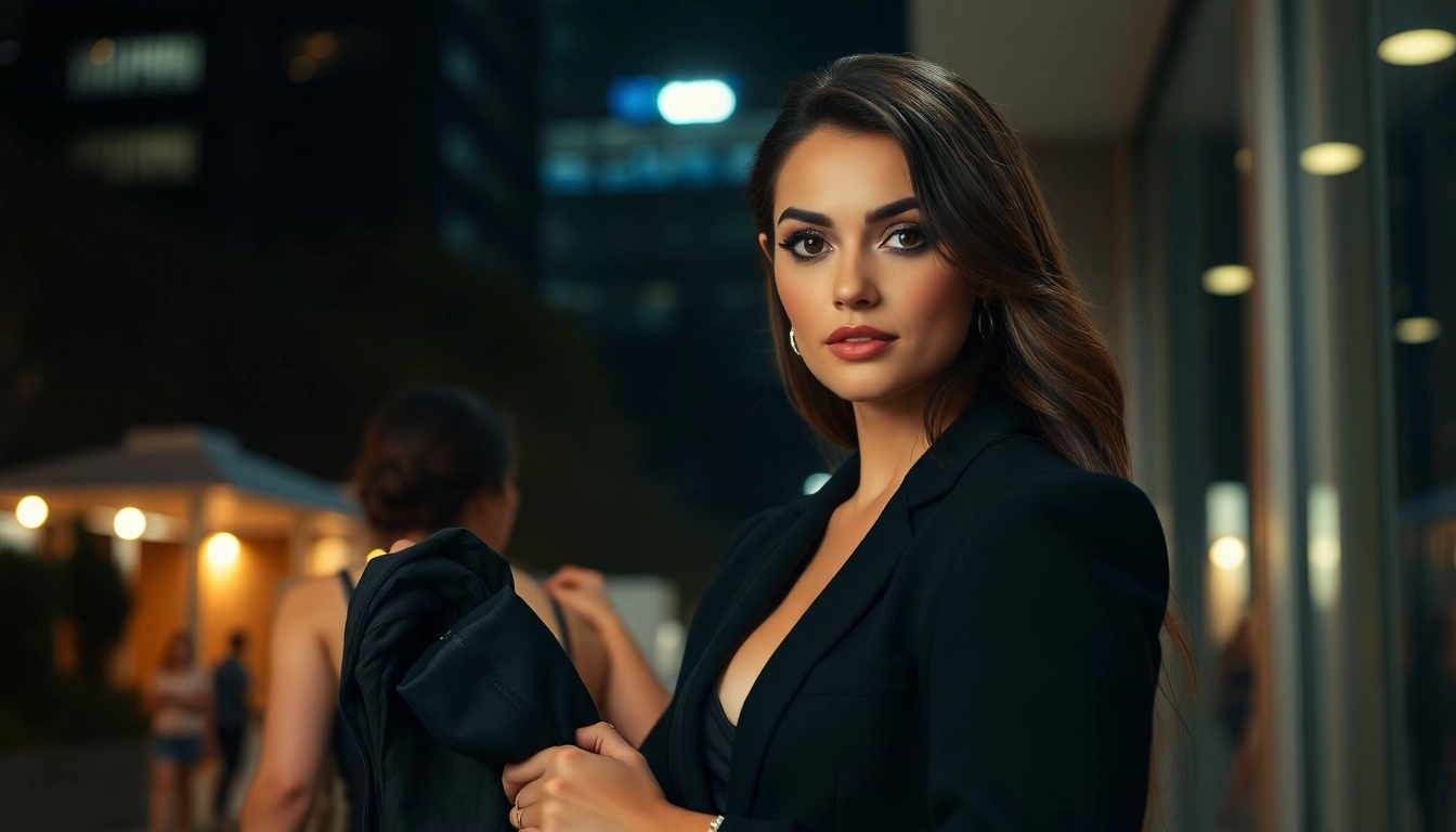 Professional posing confidently in an urban setting for discreet high-end escort services