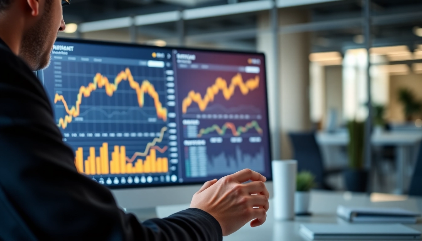 Financial analyst reviewing investment reporting dashboards with stock and gold market data for