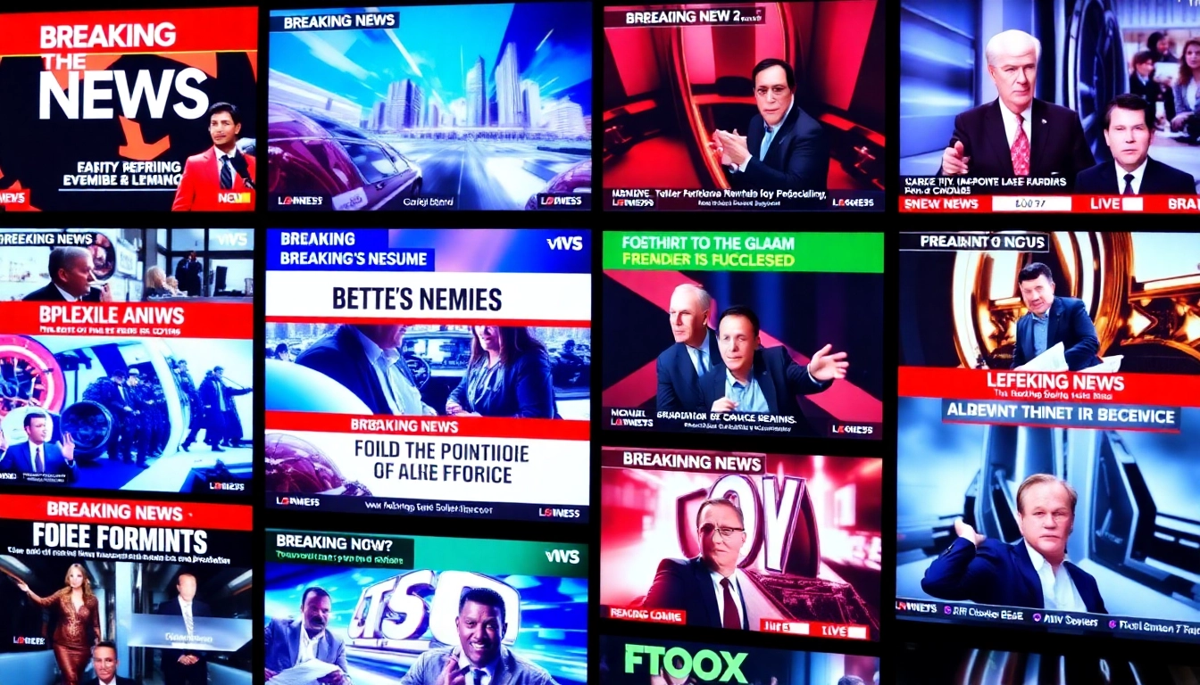 Breaking News headlines displayed on digital screens highlight current global events and updates